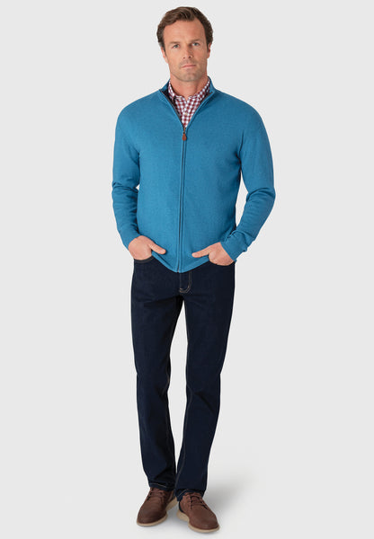 Somerset Sea Blue 12 Gauge Luxury Cotton Merino Zip Through Cardigan