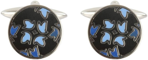 Round Black & Blue Floral Cufflinks