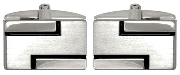 Brushed & Shiny with Black Lines Rhodium Plated Cufflinks