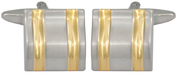 Rhodium Plated Square Cufflinks with Curved Face and Gold Plated lines