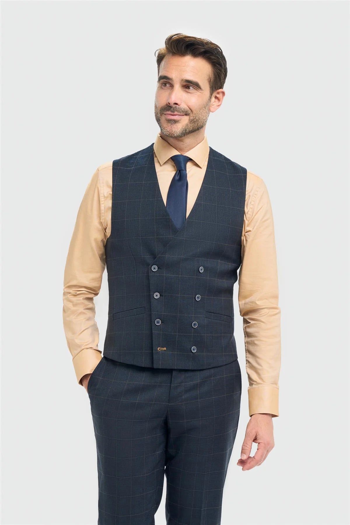 Torino Check Navy Double Breasted Waistcoat