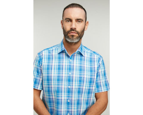 Blue Plain Weave Check Short-sleeve Shirt